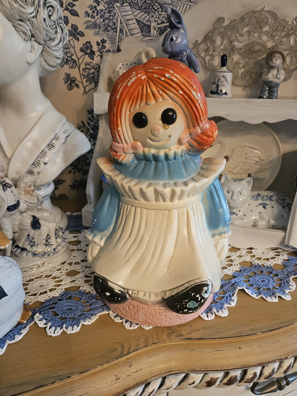 Vintage 1970s Rag Doll Girl Coin Bank Big Eye Ceramic 12"